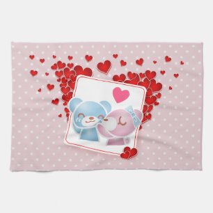 Kissing bears with Red Love Hearts All Around Tea Towel