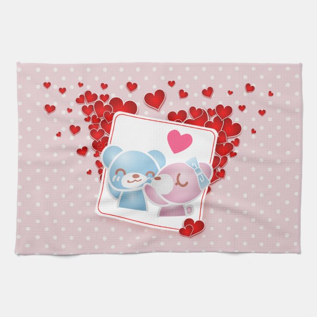 Kissing bears with Red Love Hearts All Around Tea Towel (Horizontal)