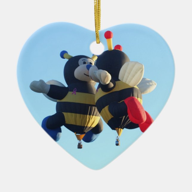 Kissing Bees Hot Air Balloon Heart Ornament (Front)