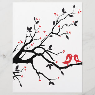 Kissing bird on tree branch with red heart leaves
