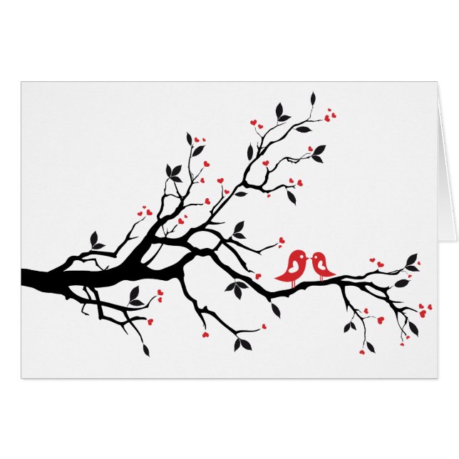 Kissing bird on tree branch with red heart leaves (Front Horizontal)