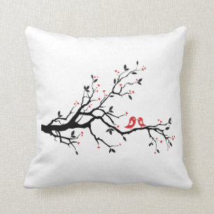 Kissing bird on tree branch with red heart leaves cushion