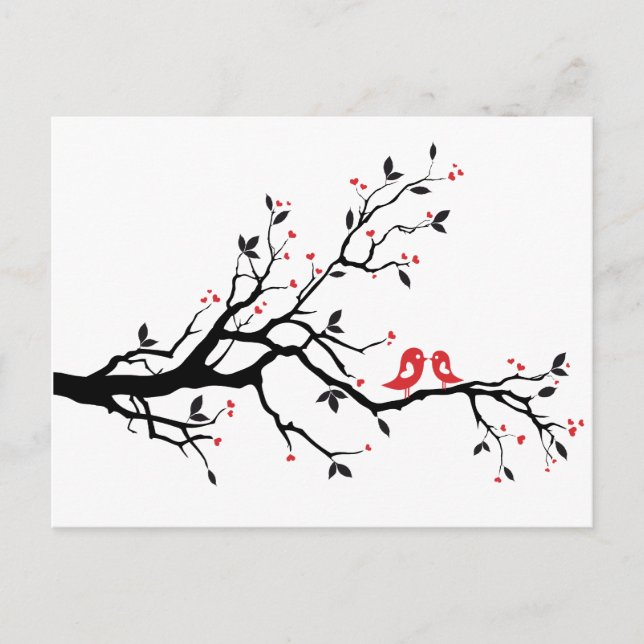 Kissing bird on tree branch with red heart leaves postcard (Front)