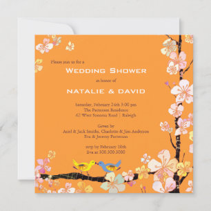 Kissing Birds Tangerine Wedding Couples Shower Invitation
