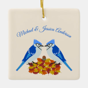 Kissing Blue Jays Fall Wedding Custom Ceramic Ornament