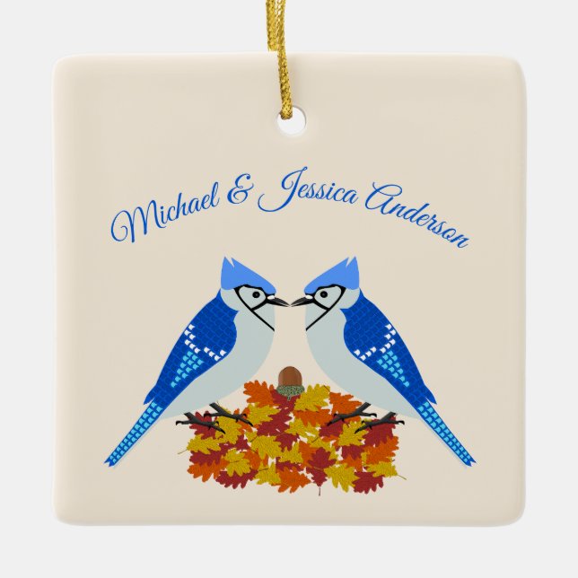 Kissing Blue Jays Fall Wedding Custom Ceramic Ornament (Front)