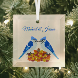 Kissing Blue Jays Fall Wedding Custom Glass Tree Decoration