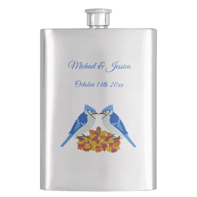 Kissing Blue Jays Fall Wedding Custom Hip Flask (Front)
