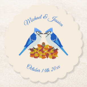 Kissing Blue Jays Fall Wedding Custom Paper Coaster