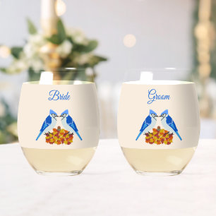 Kissing Blue Jays Fall Wedding Custom Stemless Wine Glass