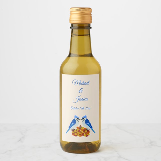 Kissing Blue Jays Fall Wedding Custom Wine Label (Front)