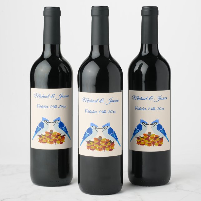 Kissing Blue Jays Fall Wedding Custom Wine Label (Bottles)