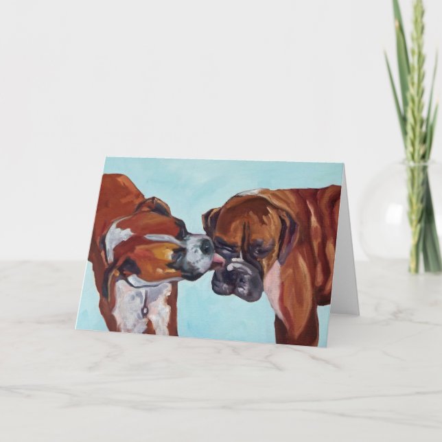 Kissing Boxer Dogs Fine Art Greeting Card (Front)