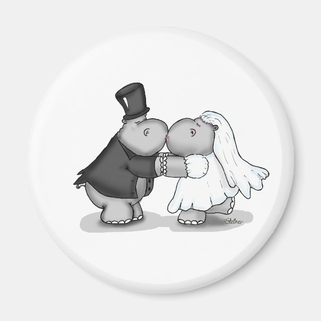 Kissing Bride and Groom Hippos - Personalise Magnet (Front)