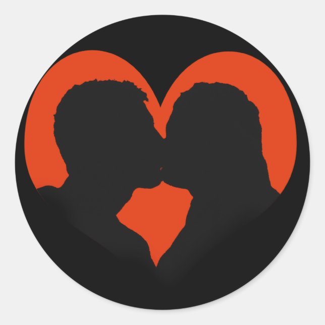 Kissing Couple Silhouette on Red Heart Classic Round Sticker (Front)