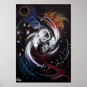 Kissing couple Yin Yang Love Surreal drawing art Poster