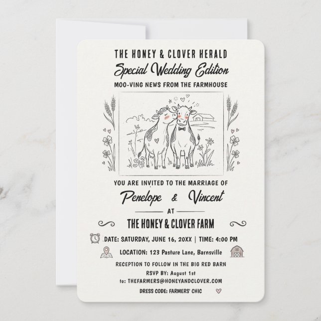 Kissing Cows Country Wedding Invitation (Front)