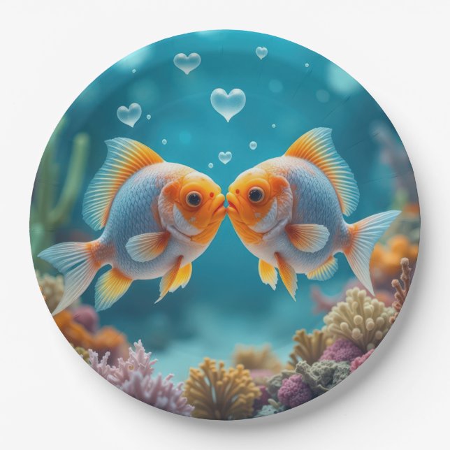 Kissing Fish With Heart Bubbles Paper Plate (Front)