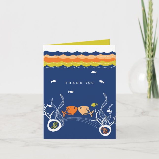 Kissing Fishes Corals And Blue Ocean Waves Wedding Thank You Card (Front)