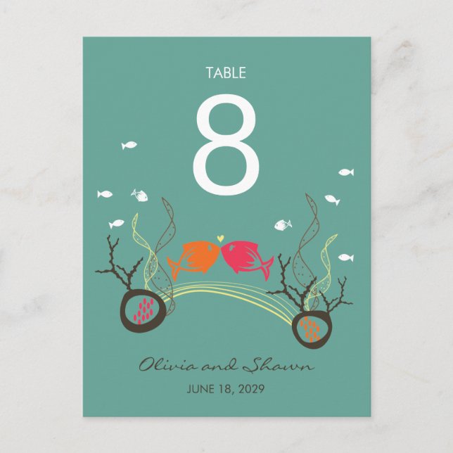 Kissing Fishes & Corals Beach Wedding Table Number Postcard (Front)