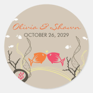 Kissing Fishes Corals Beach Whimsical Cute Wedding Classic Round Sticker