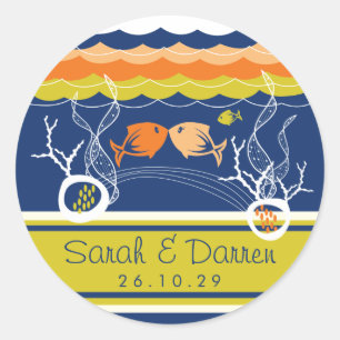 Kissing Fishes Corals Beach Whimsical Cute Wedding Classic Round Sticker