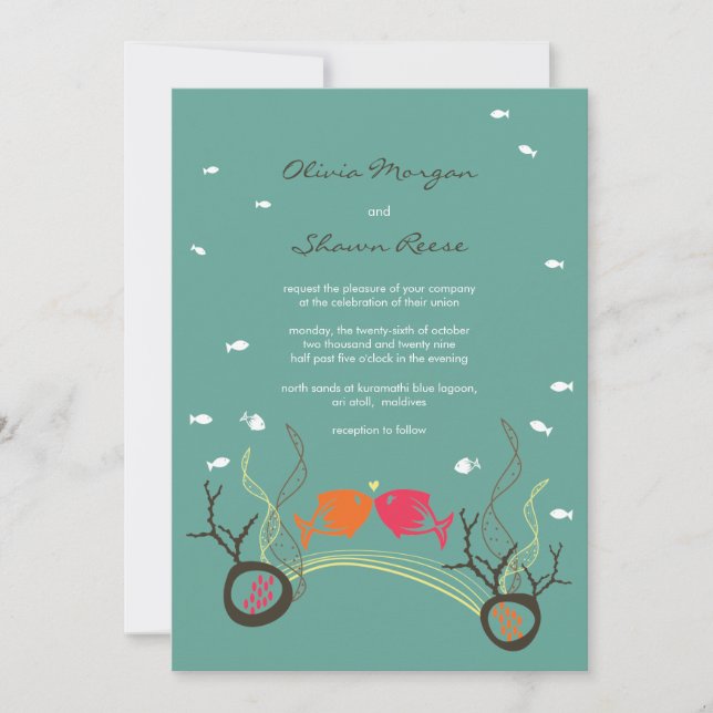 Kissing Fishes Corals Beach Whimsical Cute Wedding Invitation (Front)