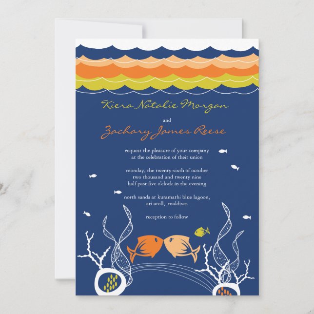 Kissing Fishes Corals Beach Whimsical Cute Wedding Invitation (Front)