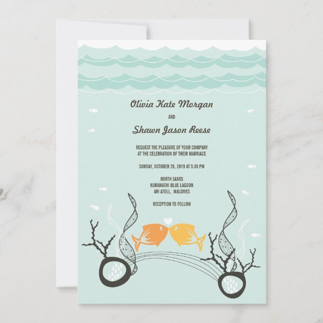 Kissing Fishes Corals Beach Whimsical Cute Wedding Invitation (Front)