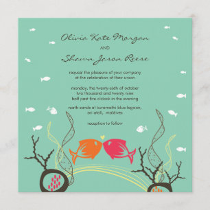Kissing Fishes Corals Beach Whimsical Cute Wedding Invitation
