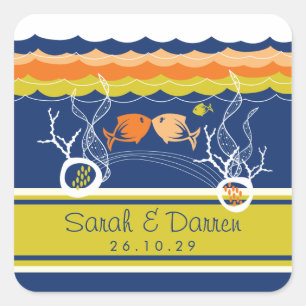 Kissing Fishes Corals Beach Whimsical Cute Wedding Square Sticker