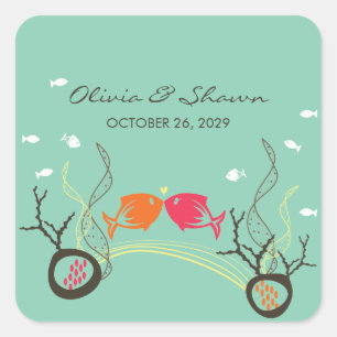 Kissing Fishes Corals Beach Whimsical Cute Wedding Square Sticker