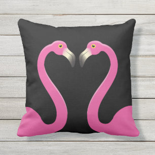 Kissing Flamingos on Black Outdoor Pillow