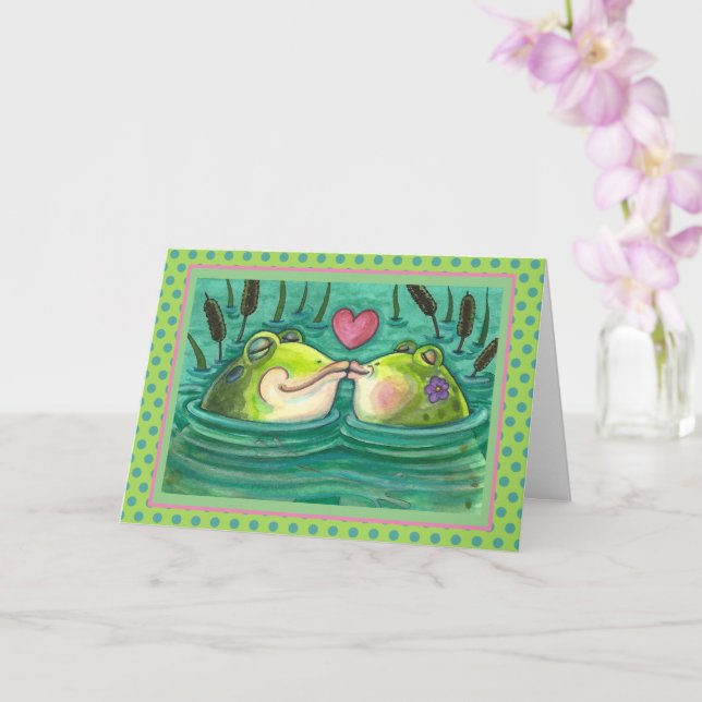 KISSING FROGS COLORFUL & CUTE POND ROMANCE Blank Card (Orchid)