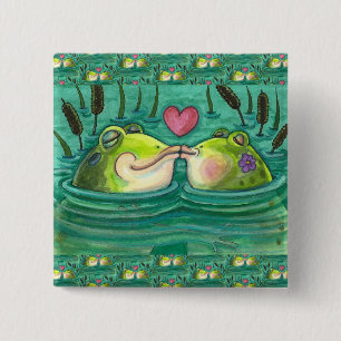 KISSING FROGS COLORFUL & CUTE POND ROMANCE, FUNNY  15 CM SQUARE BADGE