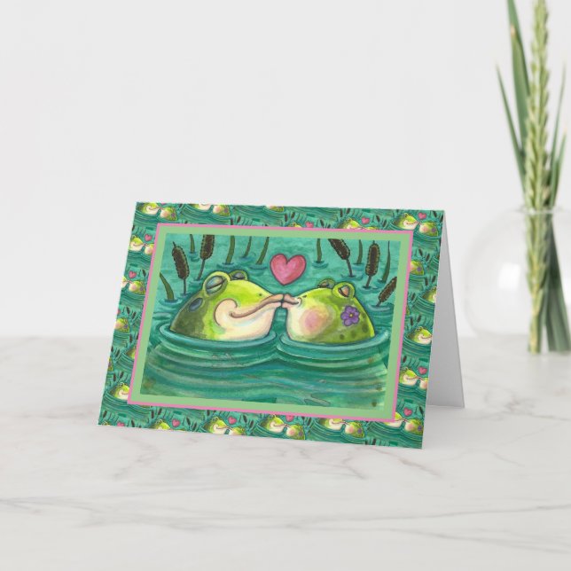 KISSING FROGS COLORFUL & CUTE POND ROMANCE, FUNNY HOLIDAY CARD (Front)