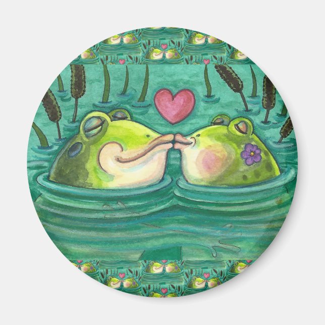 KISSING FROGS COLORFUL & CUTE POND ROMANCE, FUNNY MAGNET (Front)