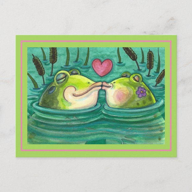 KISSING FROGS COLORFUL & CUTE POND ROMANCE, FUNNY POSTCARD (Front)