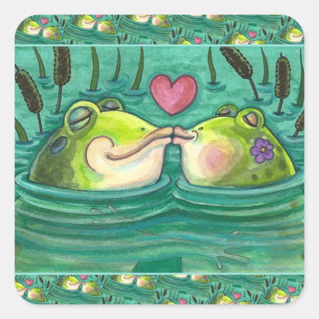 KISSING FROGS COLORFUL & CUTE POND ROMANCE, FUNNY SQUARE STICKER (Front)