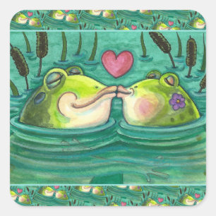 KISSING FROGS COLORFUL & CUTE POND ROMANCE, FUNNY SQUARE STICKER