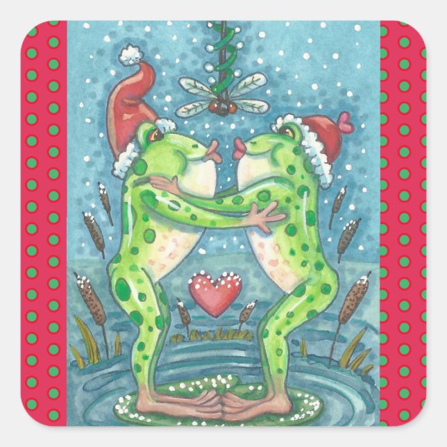 KISSING FROGS, DRAGONFLY MISTLETOE HOLIDAY STICKER (Front)