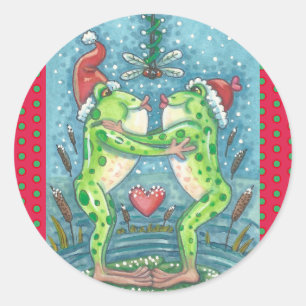 KISSING FROGS, DRAGONFLY MISTLETOE HOLIDAY STICKER
