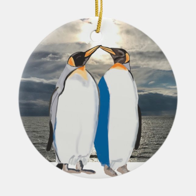 Kissing King Penguin Pair in Artic Ceramic Tree Decoration (Front)