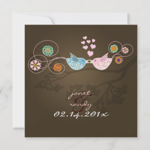 Kissing Love Birds floating hearts/mocha Invitation
