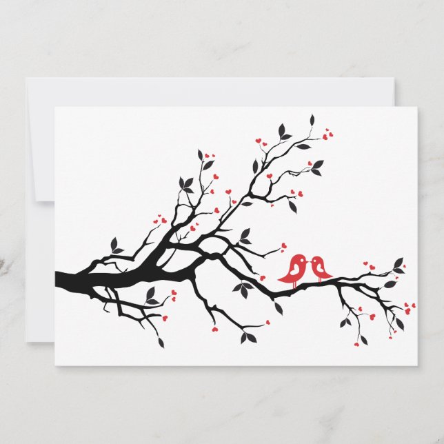 Kissing love birds on tree with red hearts (Front)