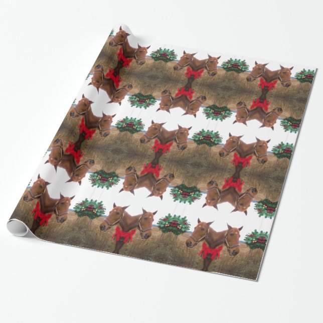 Kissing Mistletoe: Christmas horses red bow Wrapping Paper (Unrolled)
