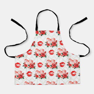 Kissing Mouth With Heart And Red Roses Pattern Apron
