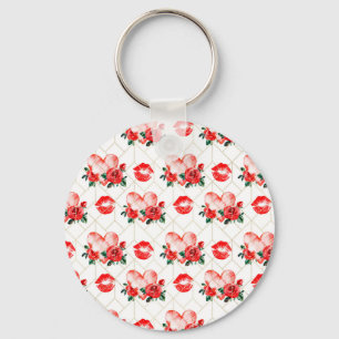 Kissing Mouth With Heart And Red Roses Pattern Key Ring