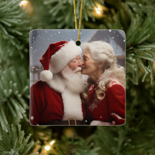 Kissing Mr and Mrs Santa Claus Ceramic Ornament