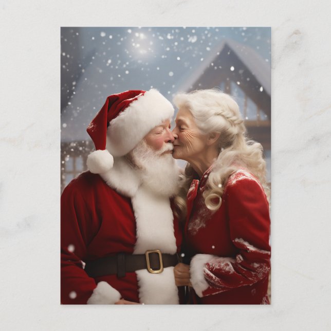 Kissing Mr and Mrs Santa Claus Holiday Postcard (Front)